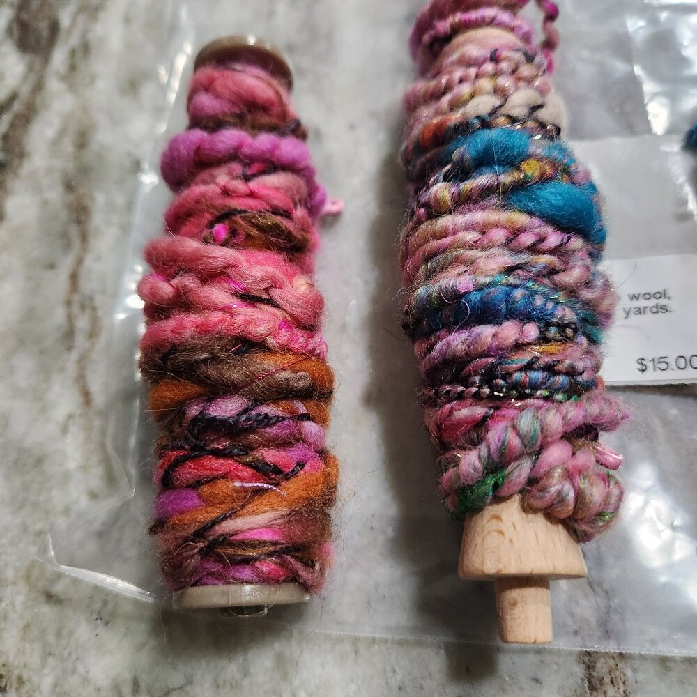 Handspun art yarn, 5 yards per bobbin, super fine wool, amazing colors.